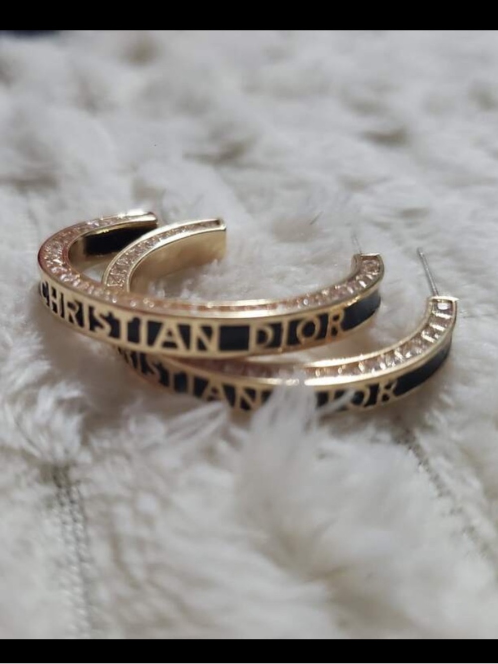 Dior Gold and Black Christian Dior Logo Hoop Earrings